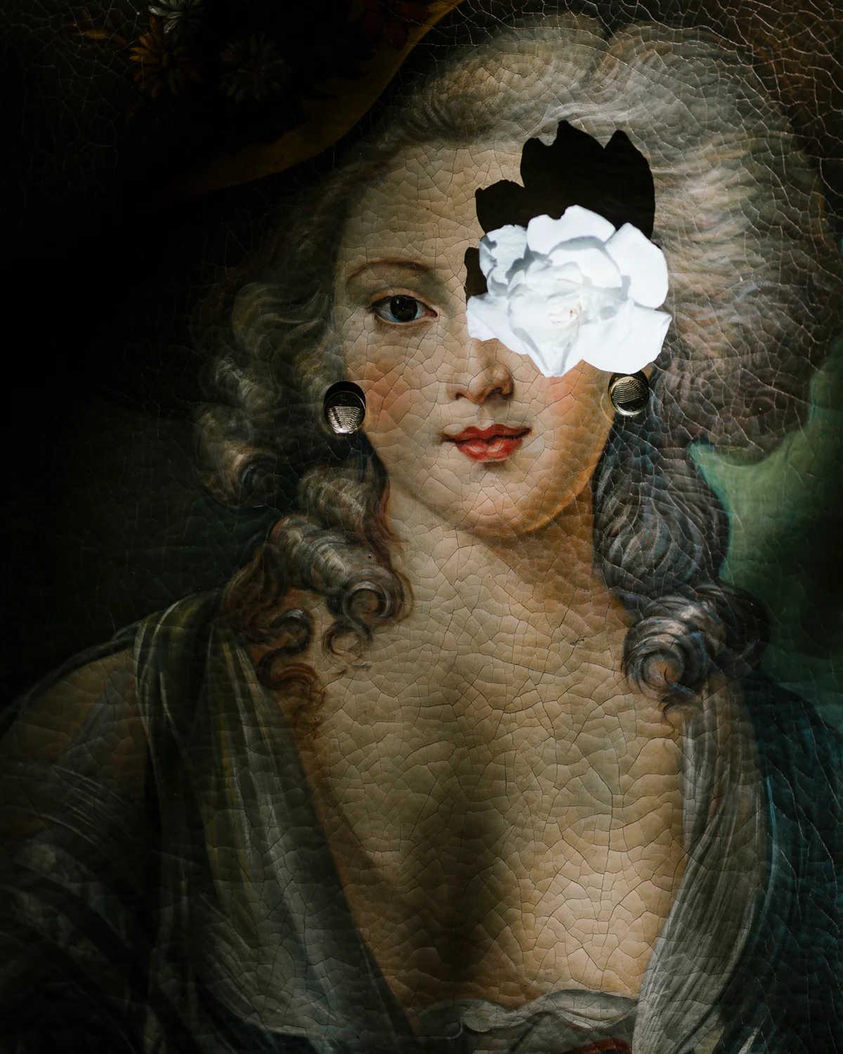 An eighteenth-century painted portrait with a white flower over one eye