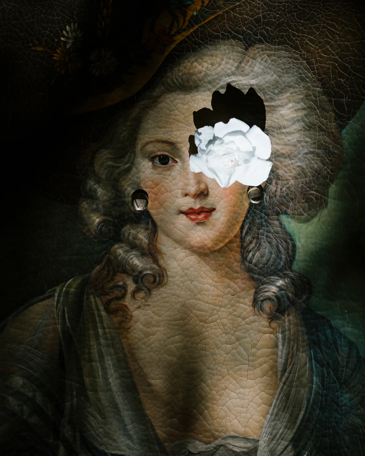 An eighteenth-century painted portrait with a white flower over one eye