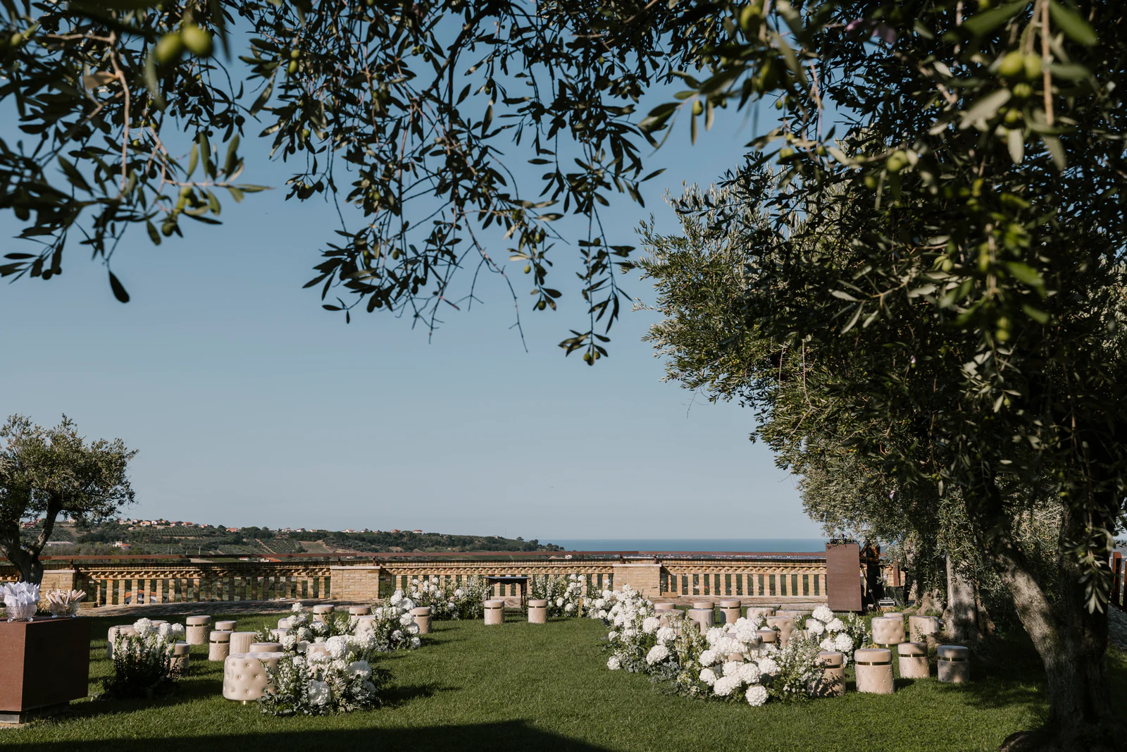 The ceremony set among olive trees, with the sea in the distance